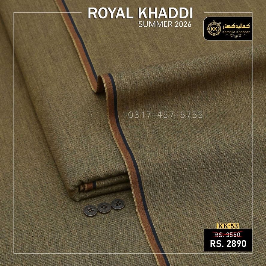 KK-53 Summer Kamalia Khaddar Men Shalwar Kameez Unstitched Designs Kamalia Khaddar is known for commitment to high-quality, sustainable, and eco-friendly fabrics, so.here comes another collection. We have officially launched Kamalia Khaddar Royal Khaddi Summer Collection 2026, bringing a fresh wave of vibrant, organic options to the fashion world. This is best option for Men Shalwar Kameez for Eid, or Shalwar Kameez Designs For Men For Wedding in Pakistan.
